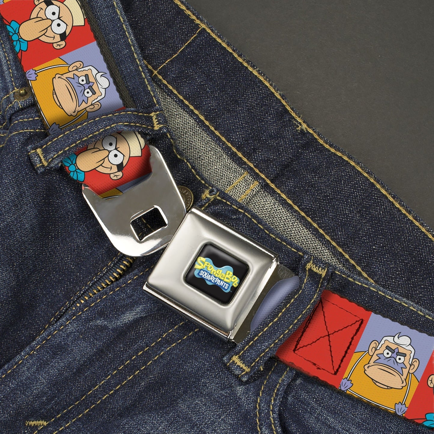 SpongeBob SquarePants Seatbelt Belt Barnacle Boy Mermaid Man Pose Blocks Full Color Red/Blue - Paramount Shop