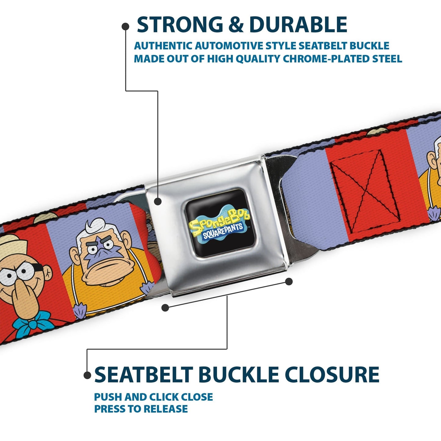 SpongeBob SquarePants Seatbelt Belt Barnacle Boy Mermaid Man Pose Blocks Full Color Red/Blue - Paramount Shop