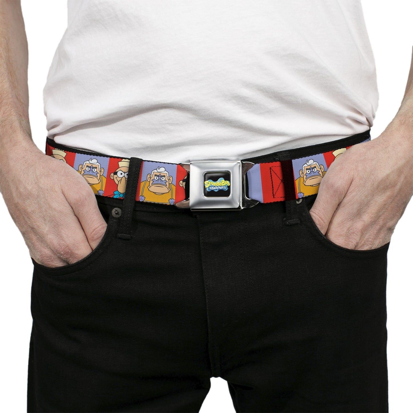 SpongeBob SquarePants Seatbelt Belt Barnacle Boy Mermaid Man Pose Blocks Full Color Red/Blue - Paramount Shop