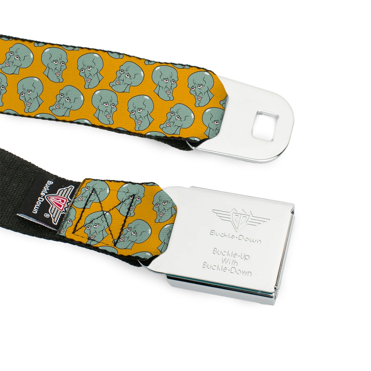 SpongeBob SquarePants Seatbelt Belt Black/Blues Logo Handsome Squidward Face Orange Webbing - Paramount Shop