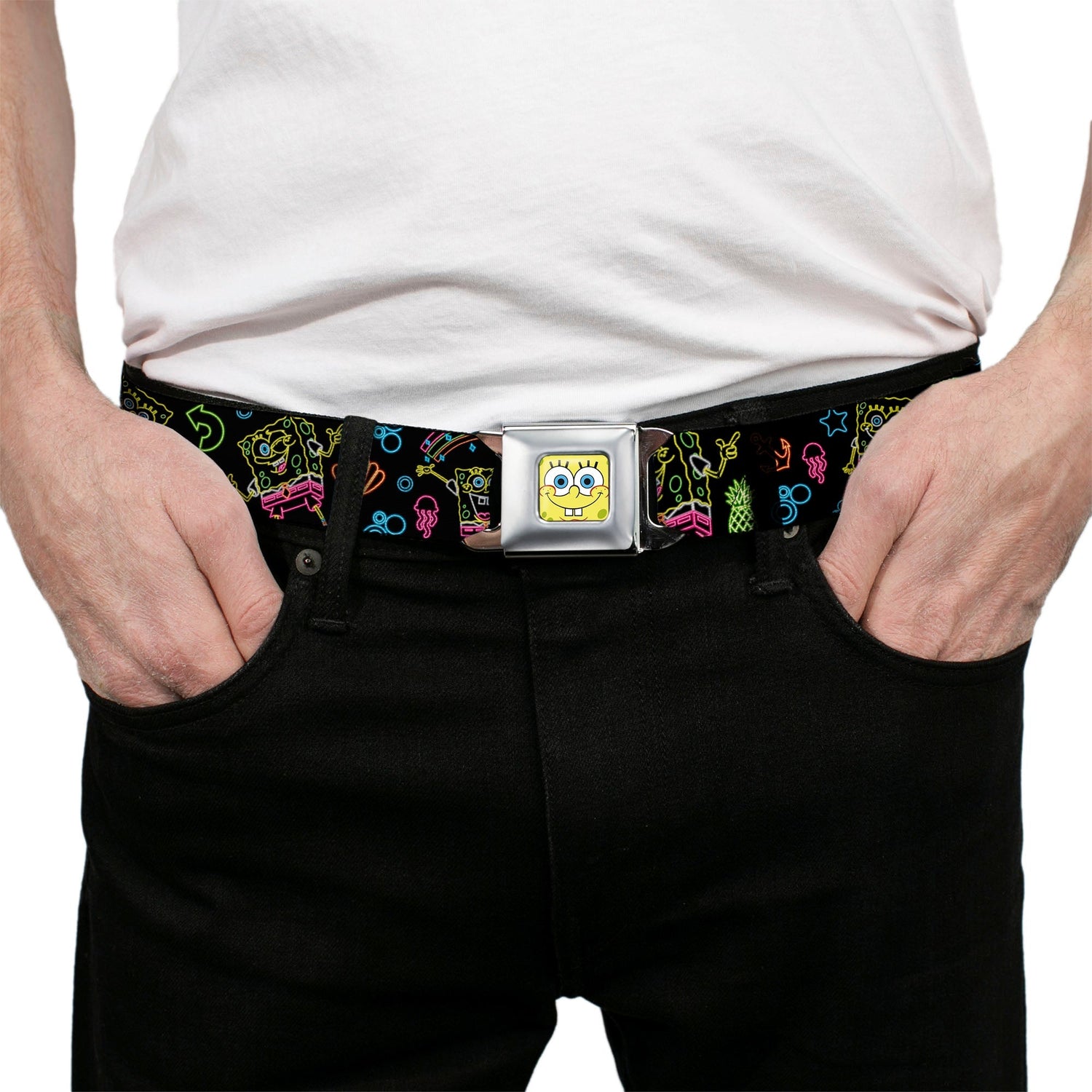 SpongeBob SquarePants Seatbelt Belt Face Close - Up Electric Poses Black Multi - Color - Paramount Shop