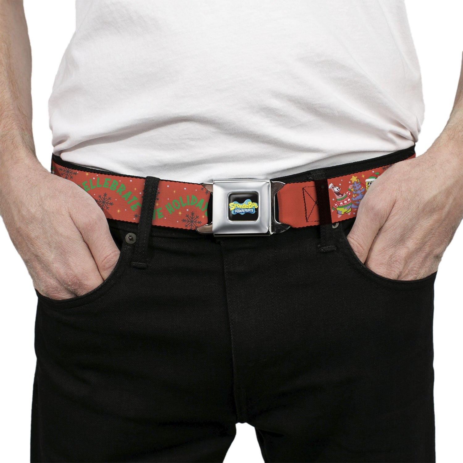 SpongeBob SquarePants Seatbelt Belt Full Color SpongeBob and Patrick Star SHELLEBRATE HOLIDAYS! Pose Black/Blues with Red Webbing - Paramount Shop