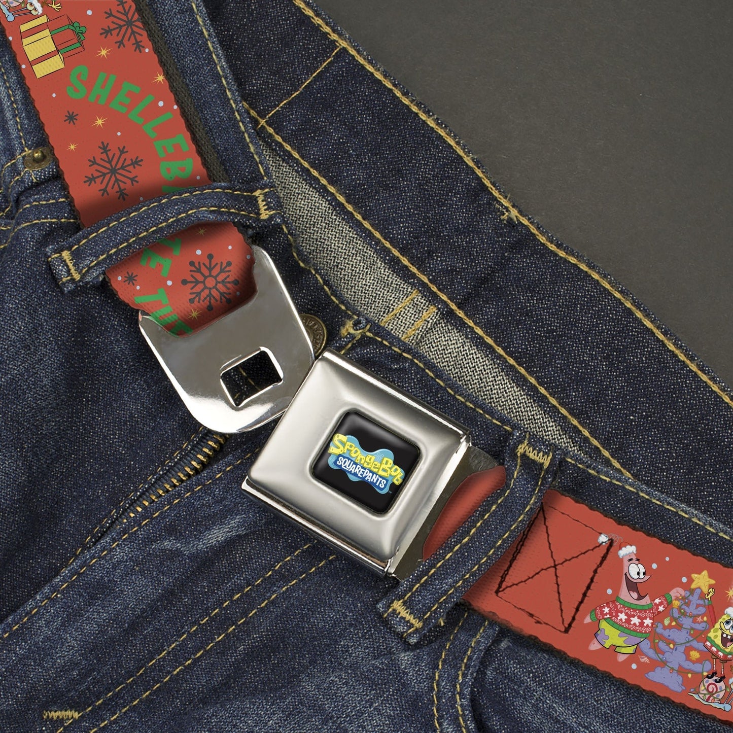 SpongeBob SquarePants Seatbelt Belt Full Color SpongeBob and Patrick Star SHELLEBRATE HOLIDAYS! Pose Black/Blues with Red Webbing - Paramount Shop