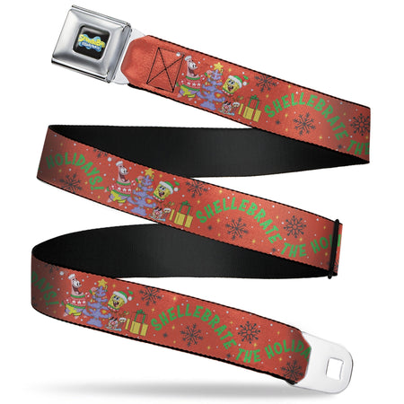SpongeBob SquarePants Seatbelt Belt Full Color SpongeBob and Patrick Star SHELLEBRATE HOLIDAYS! Pose Black/Blues with Red Webbing - Paramount Shop
