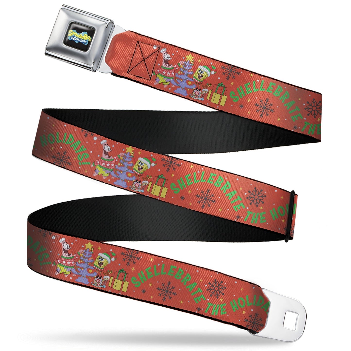 SpongeBob SquarePants Seatbelt Belt Full Color SpongeBob and Patrick Star SHELLEBRATE HOLIDAYS! Pose Black/Blues with Red Webbing - Paramount Shop