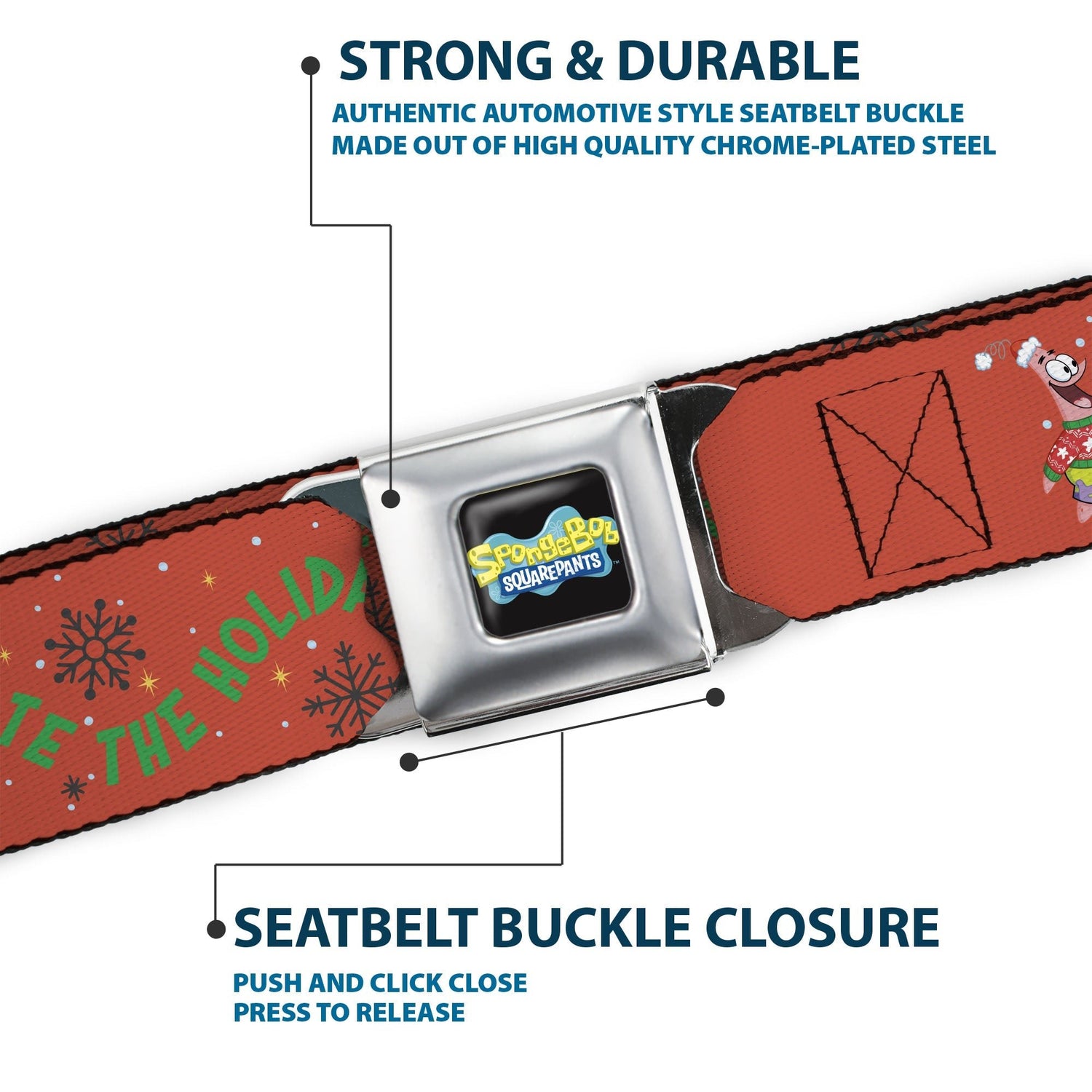 SpongeBob SquarePants Seatbelt Belt Full Color SpongeBob and Patrick Star SHELLEBRATE HOLIDAYS! Pose Black/Blues with Red Webbing - Paramount Shop
