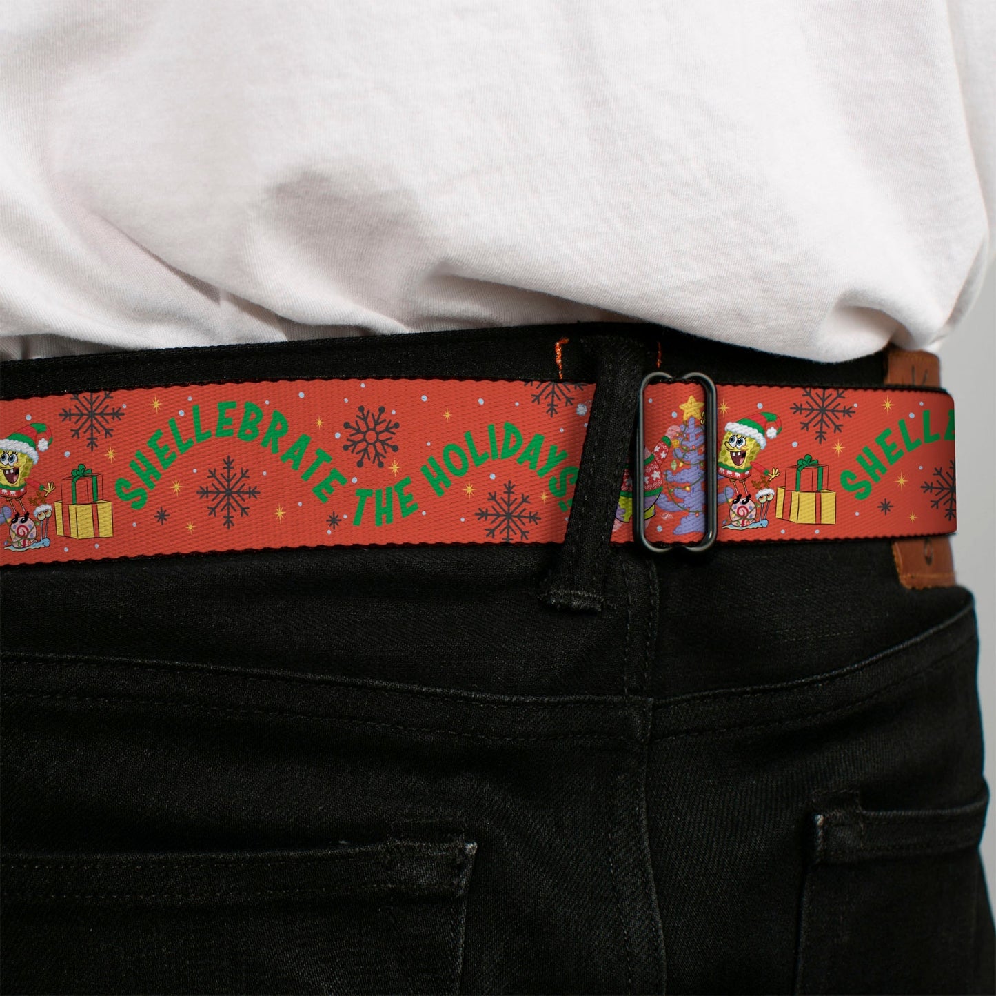 SpongeBob SquarePants Seatbelt Belt Full Color SpongeBob and Patrick Star SHELLEBRATE HOLIDAYS! Pose Black/Blues with Red Webbing - Paramount Shop