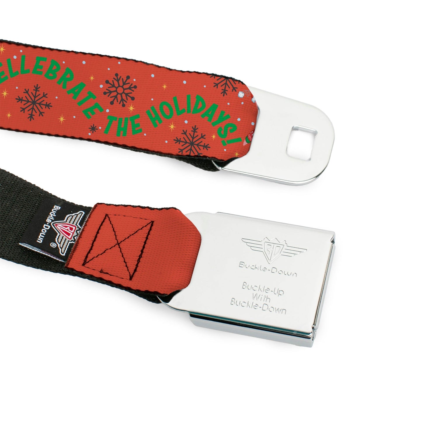 SpongeBob SquarePants Seatbelt Belt Full Color SpongeBob and Patrick Star SHELLEBRATE HOLIDAYS! Pose Black/Blues with Red Webbing - Paramount Shop