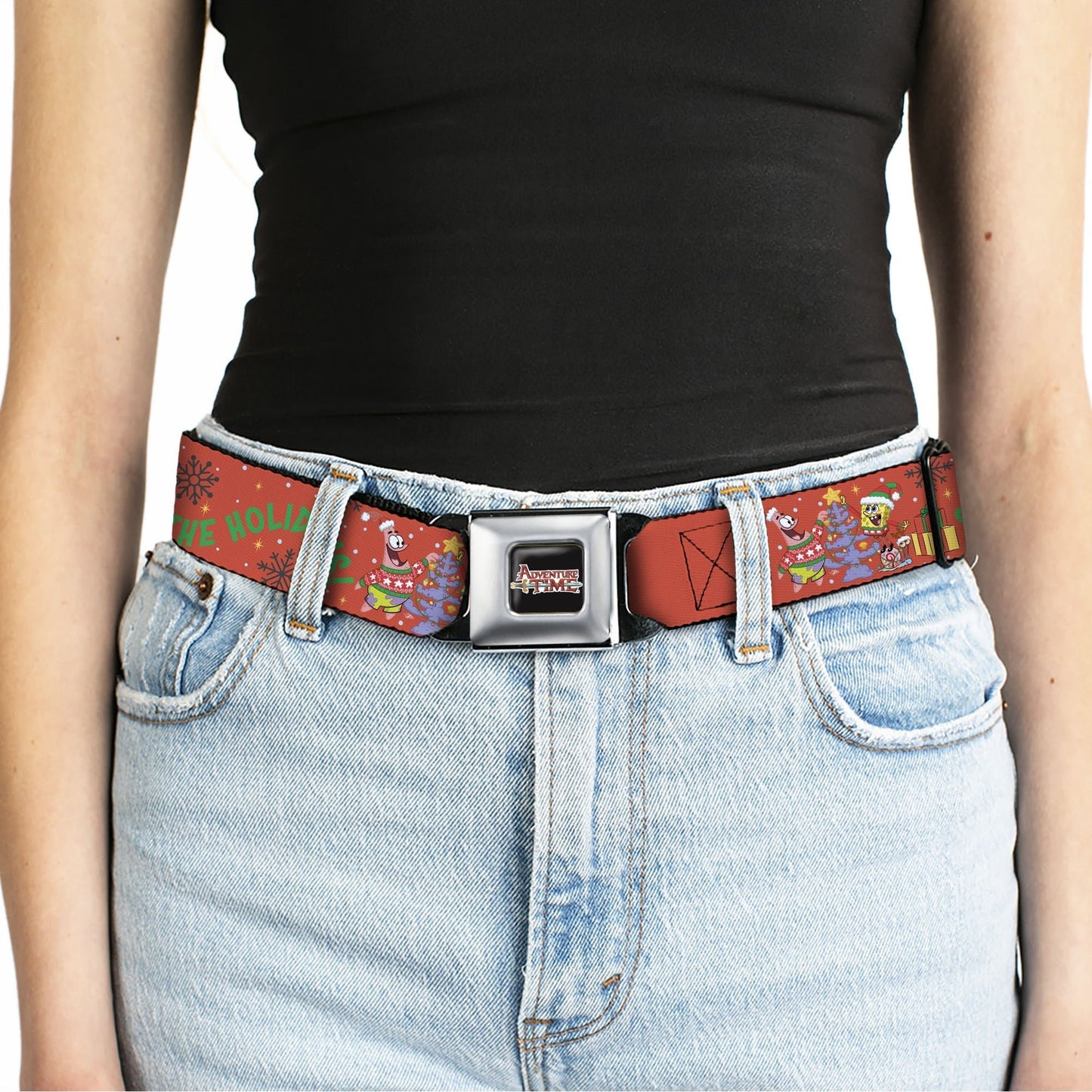 SpongeBob SquarePants Seatbelt Belt Full Color SpongeBob and Patrick Star SHELLEBRATE HOLIDAYS! Pose Black/Blues with Red Webbing - Paramount Shop