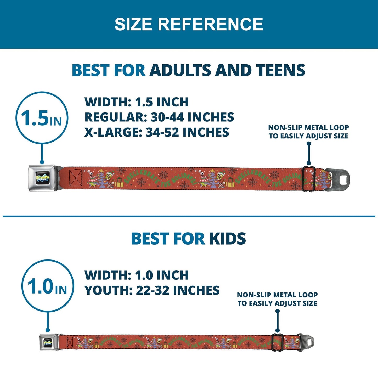 SpongeBob SquarePants Seatbelt Belt Full Color SpongeBob and Patrick Star SHELLEBRATE HOLIDAYS! Pose Black/Blues with Red Webbing - Paramount Shop