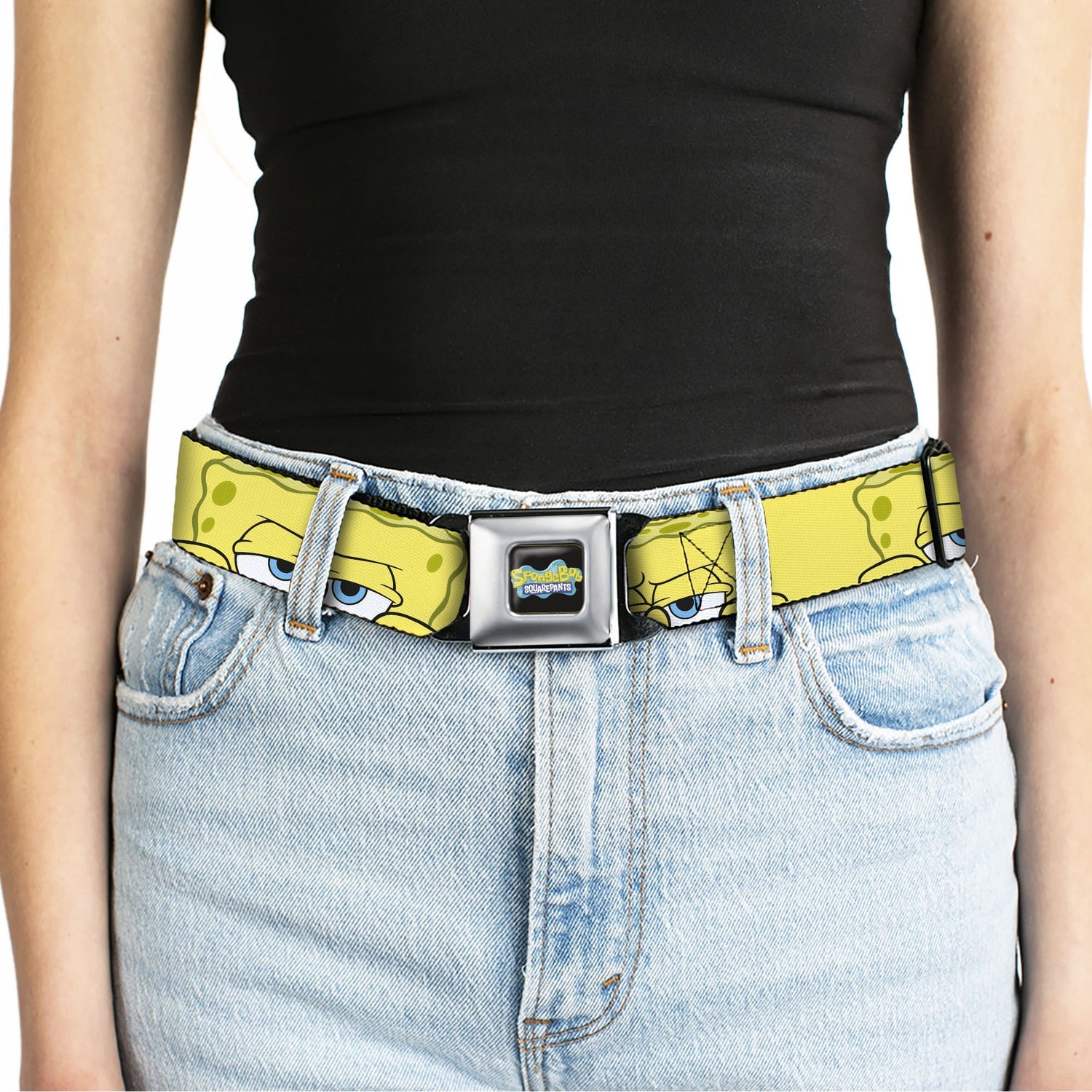 SpongeBob SquarePants Seatbelt Belt Logo Close - Up Face Yellow Webbing Black Blues - Paramount Shop