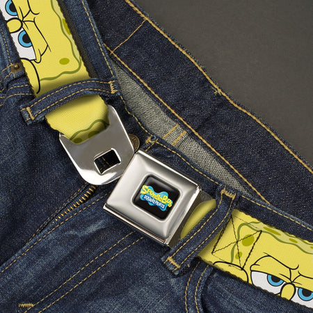 SpongeBob SquarePants Seatbelt Belt Logo Close - Up Face Yellow Webbing Black Blues - Paramount Shop