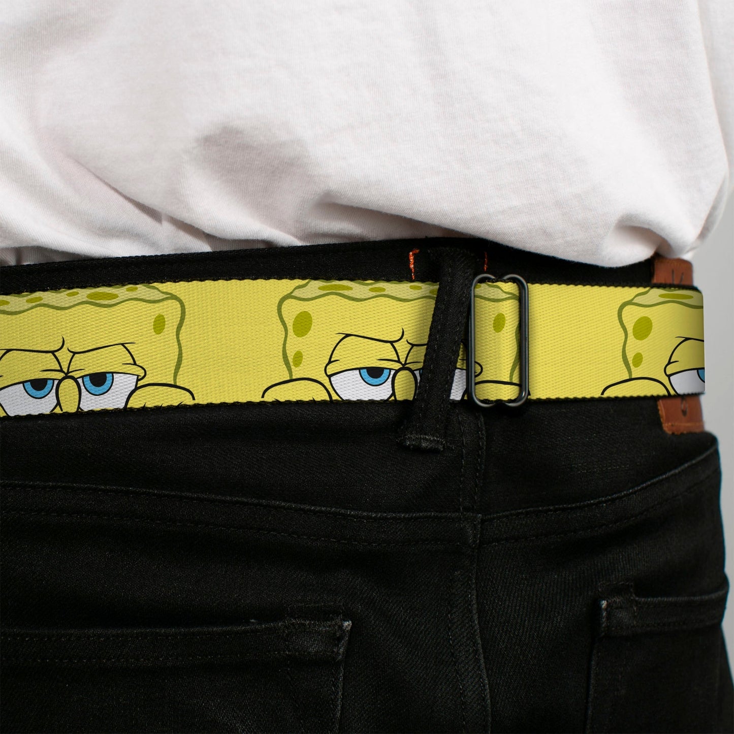 SpongeBob SquarePants Seatbelt Belt Logo Close - Up Face Yellow Webbing Black Blues - Paramount Shop