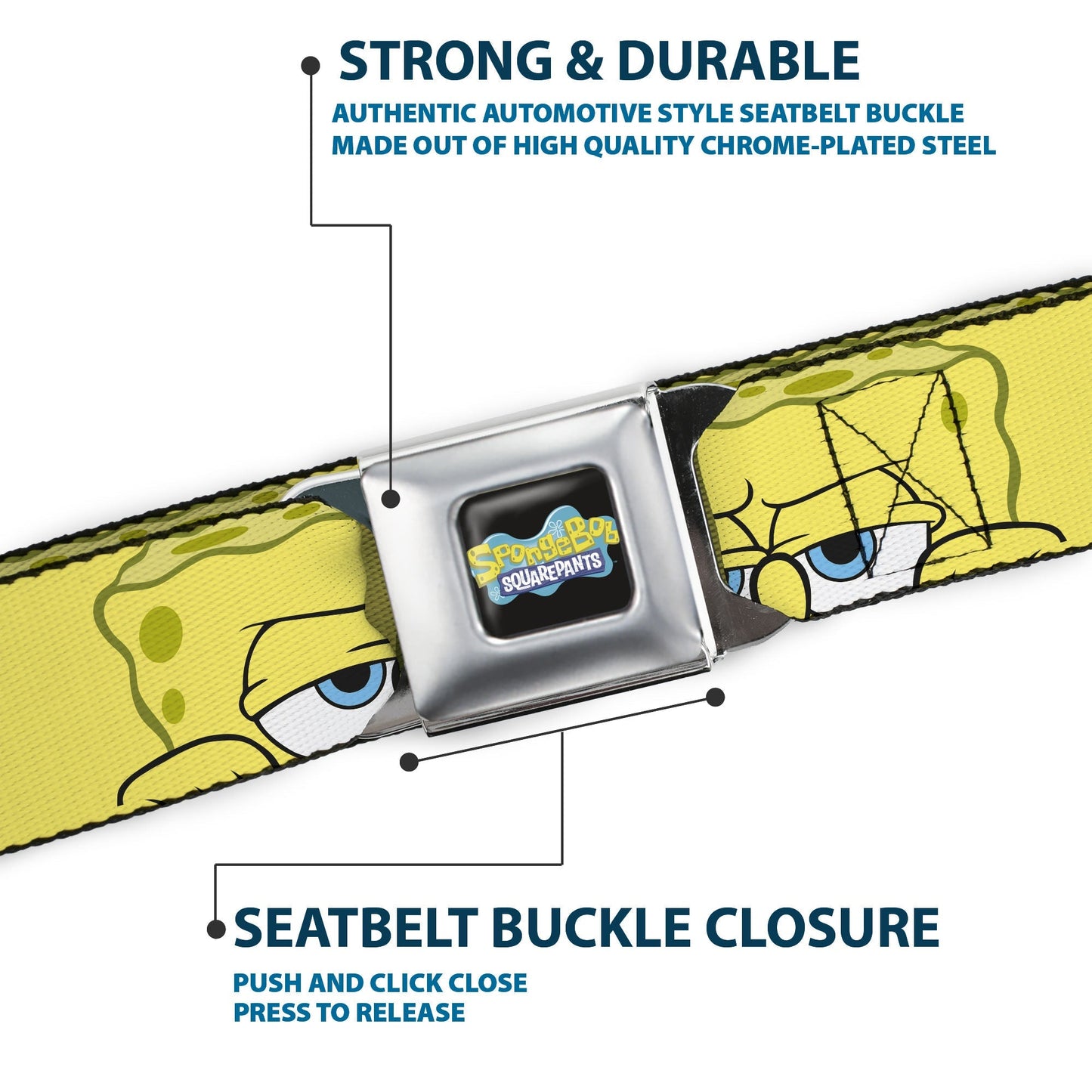 SpongeBob SquarePants Seatbelt Belt Logo Close - Up Face Yellow Webbing Black Blues - Paramount Shop