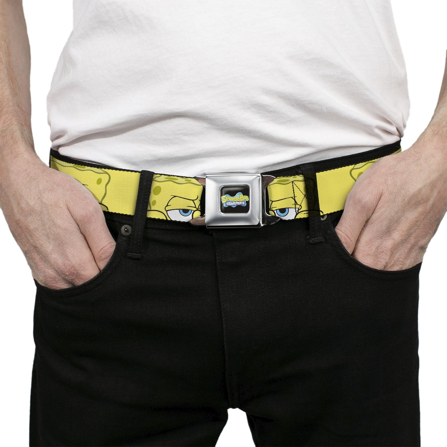 SpongeBob SquarePants Seatbelt Belt Logo Close - Up Face Yellow Webbing Black Blues - Paramount Shop