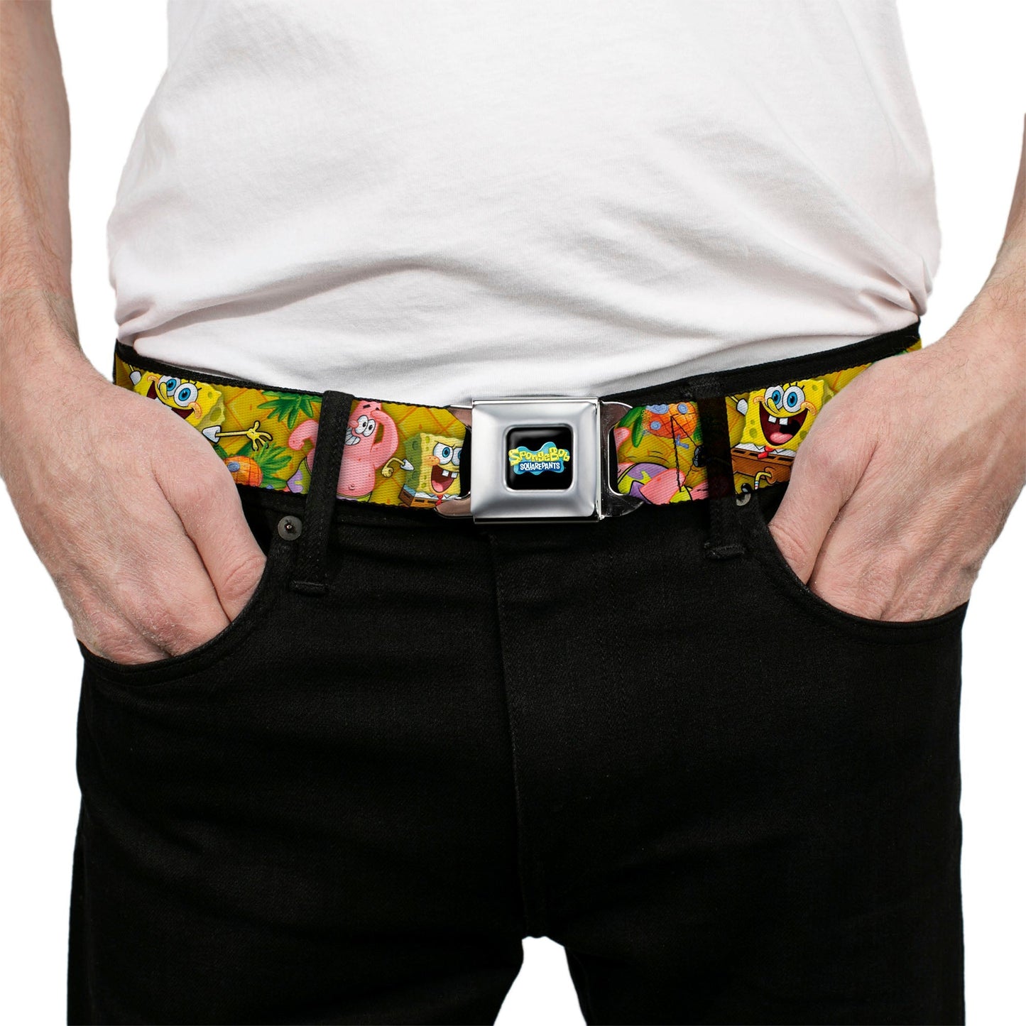 SpongeBob SquarePants Seatbelt Belt Logo Design with SpongeBob & Patrick Poses Gold Webbing Black - Paramount Shop