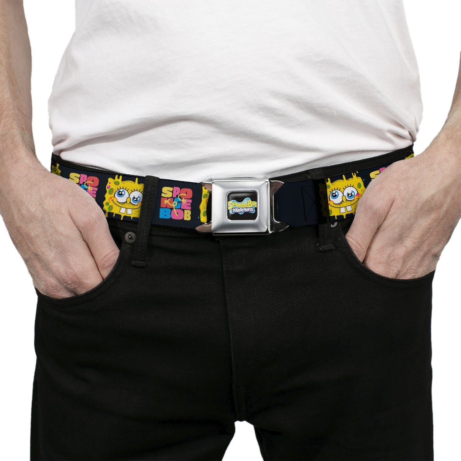 SpongeBob SquarePants Seatbelt Belt Logo Full Color Text Block and Smiling Face Buckle - Down Black/Multi Color - Paramount Shop