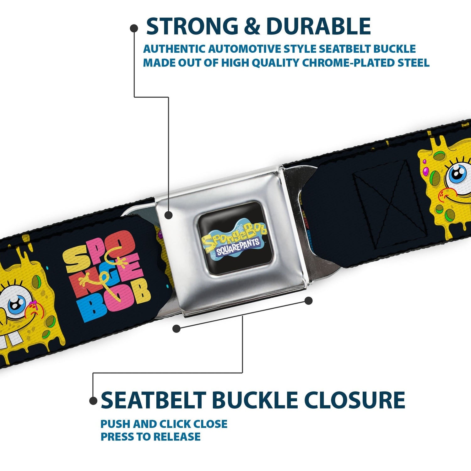 SpongeBob SquarePants Seatbelt Belt Logo Full Color Text Block and Smiling Face Buckle - Down Black/Multi Color - Paramount Shop