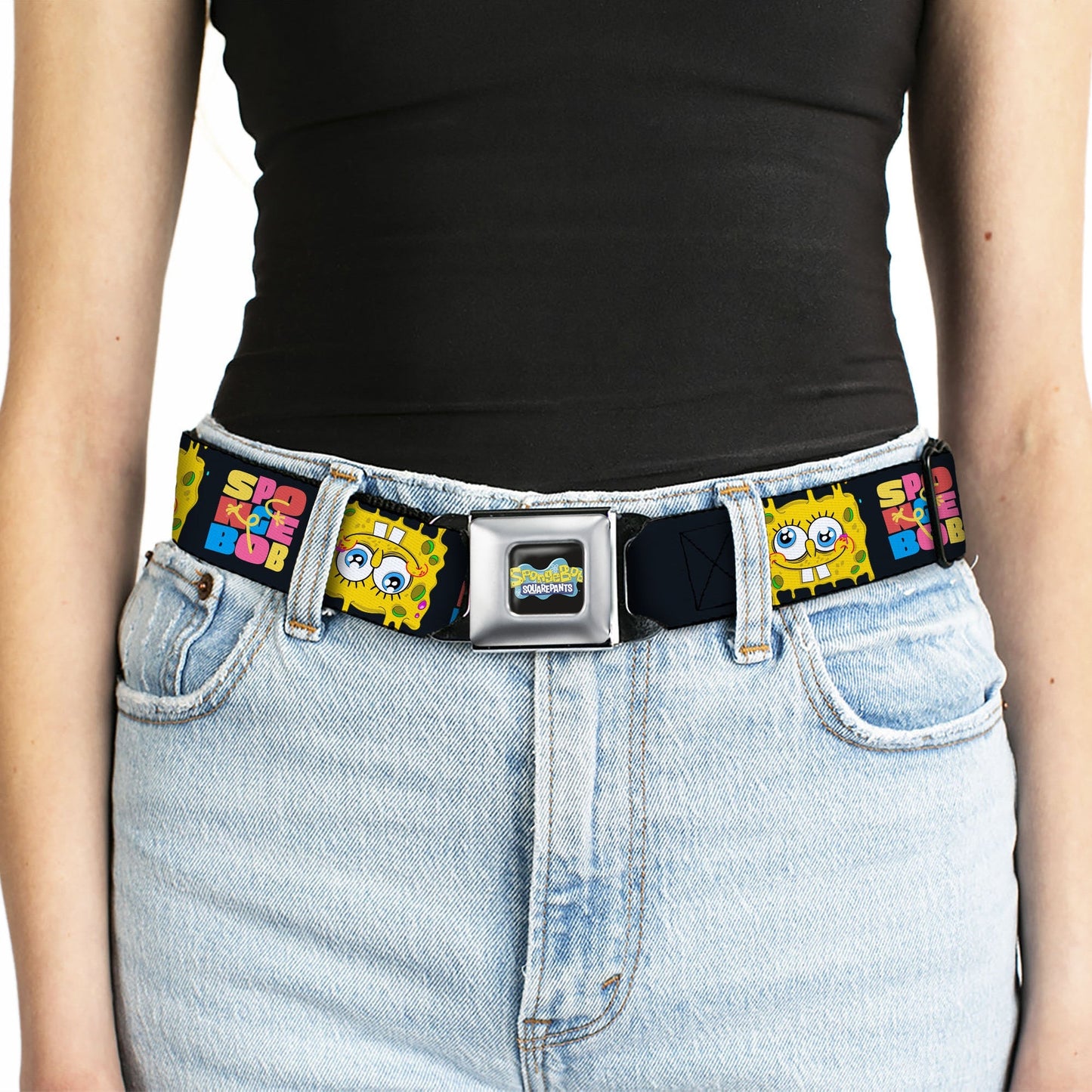SpongeBob SquarePants Seatbelt Belt Logo Full Color Text Block and Smiling Face Buckle - Down Black/Multi Color - Paramount Shop