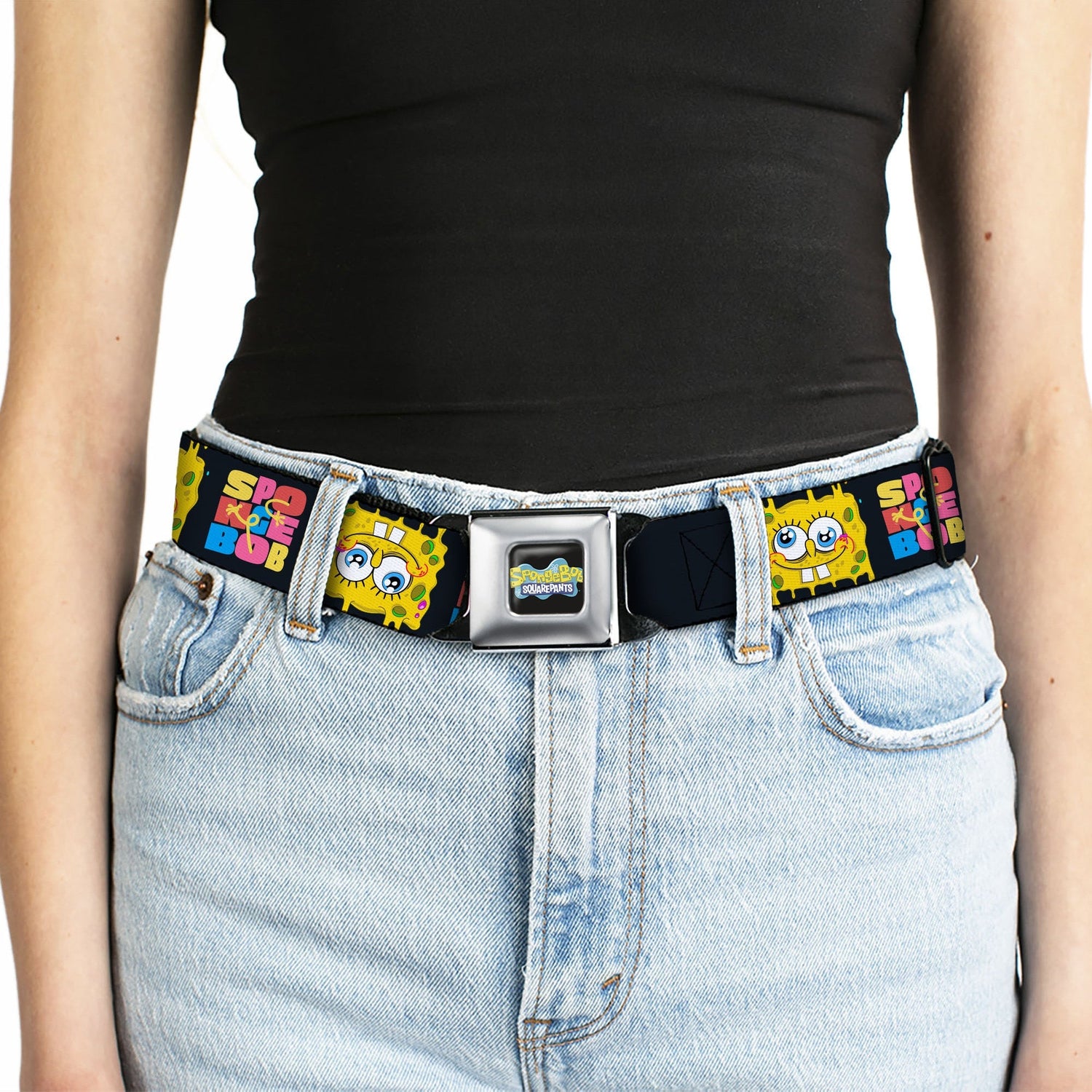 SpongeBob SquarePants Seatbelt Belt Logo Full Color Text Block and Smiling Face Buckle - Down Black/Multi Color - Paramount Shop