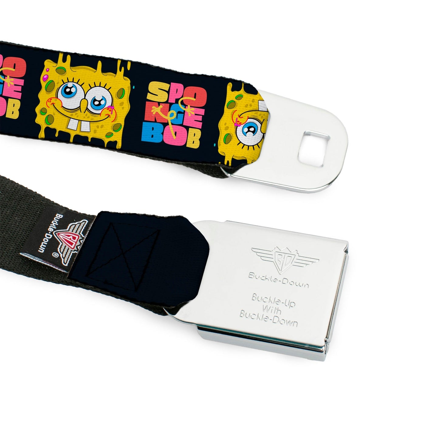 SpongeBob SquarePants Seatbelt Belt Logo Full Color Text Block and Smiling Face Buckle - Down Black/Multi Color - Paramount Shop