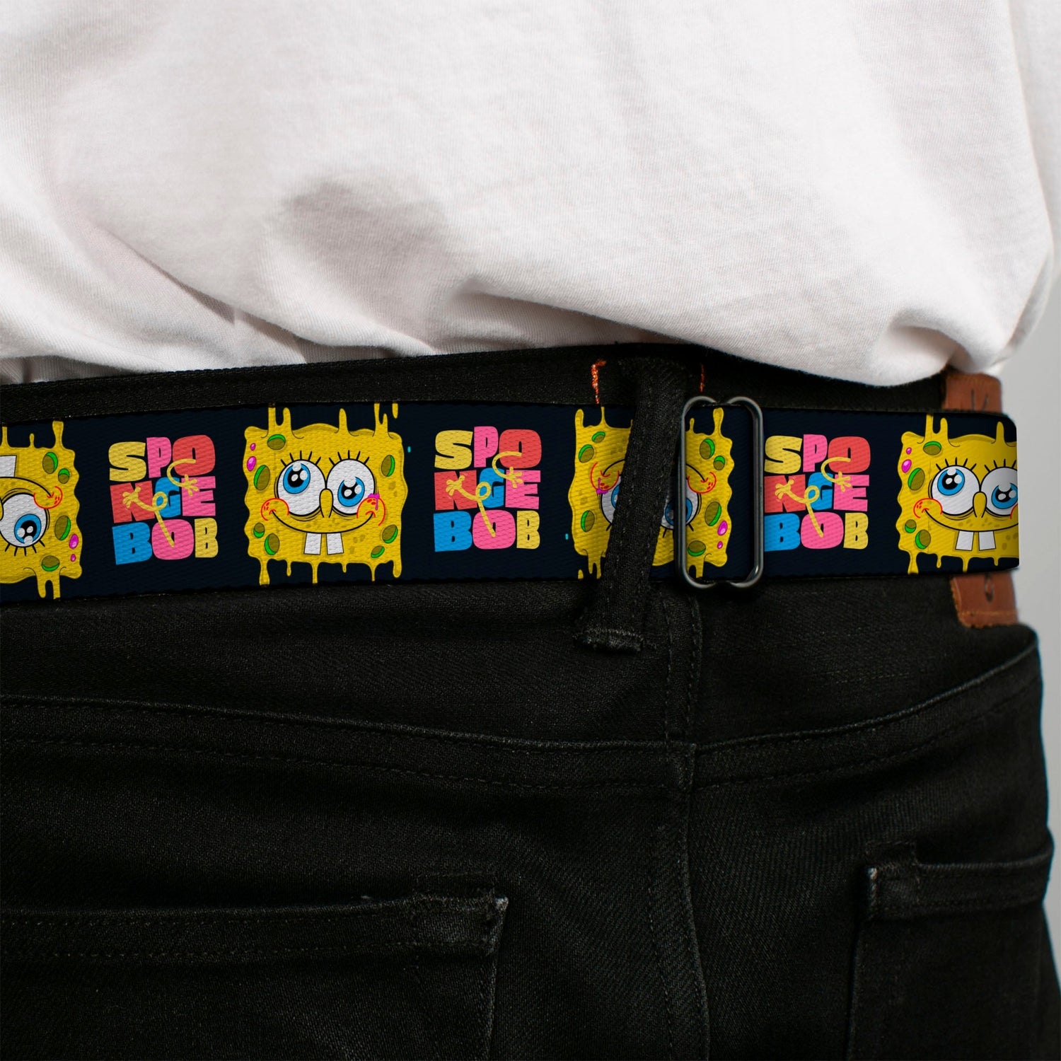 SpongeBob SquarePants Seatbelt Belt Logo Full Color Text Block and Smiling Face Buckle - Down Black/Multi Color - Paramount Shop
