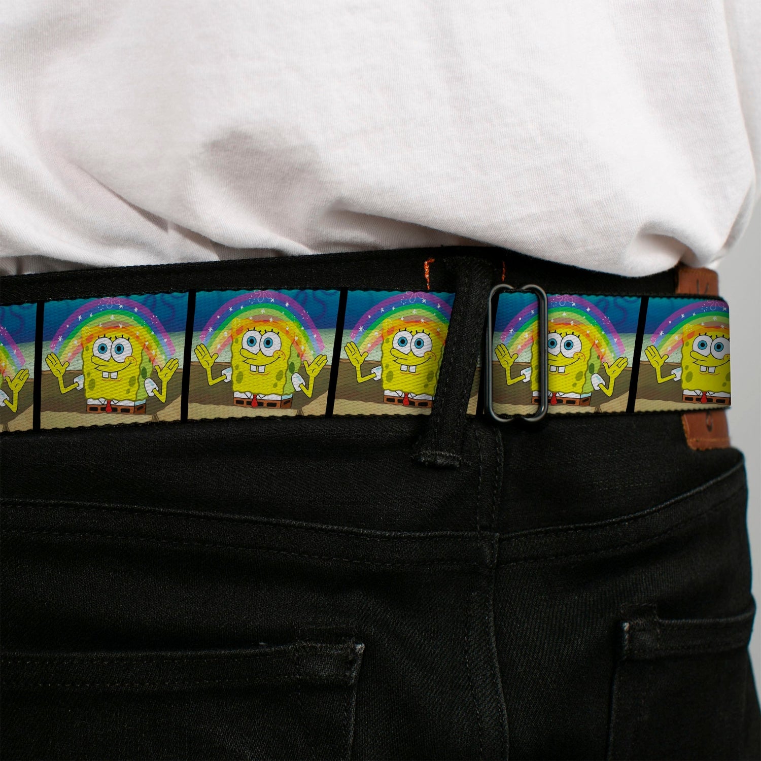 SpongeBob SquarePants Seatbelt Belt Logo Smiling Rainbow Blocks Black Blues - Paramount Shop