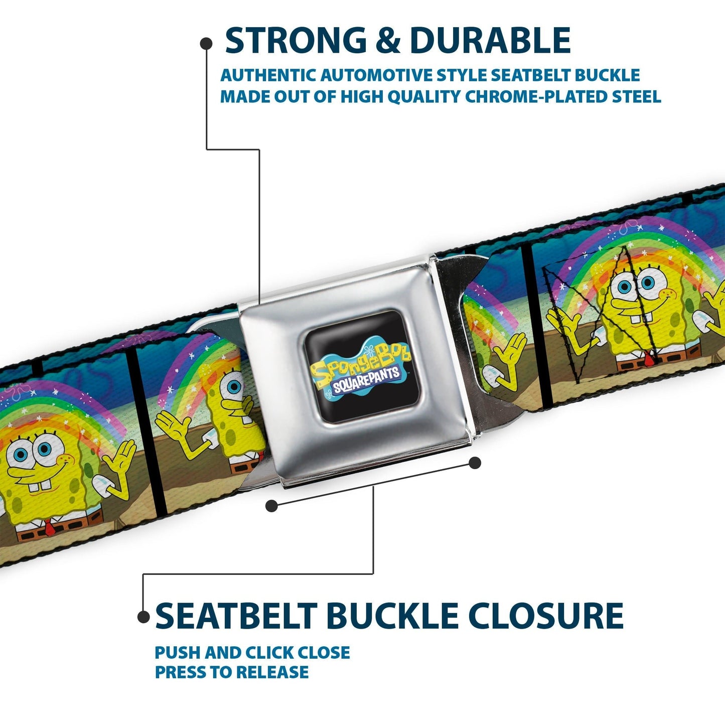 SpongeBob SquarePants Seatbelt Belt Logo Smiling Rainbow Blocks Black Blues - Paramount Shop
