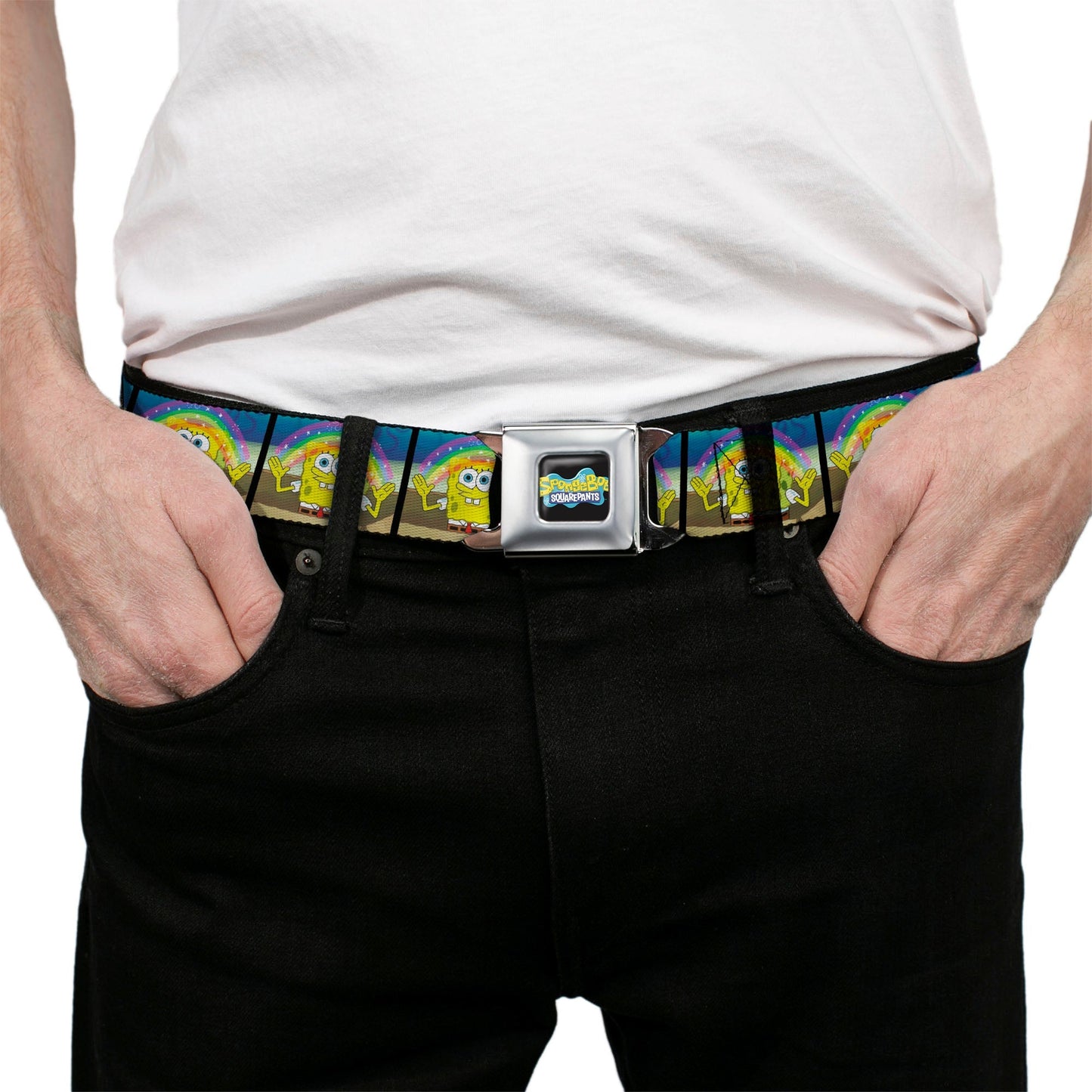 SpongeBob SquarePants Seatbelt Belt Logo Smiling Rainbow Blocks Black Blues - Paramount Shop