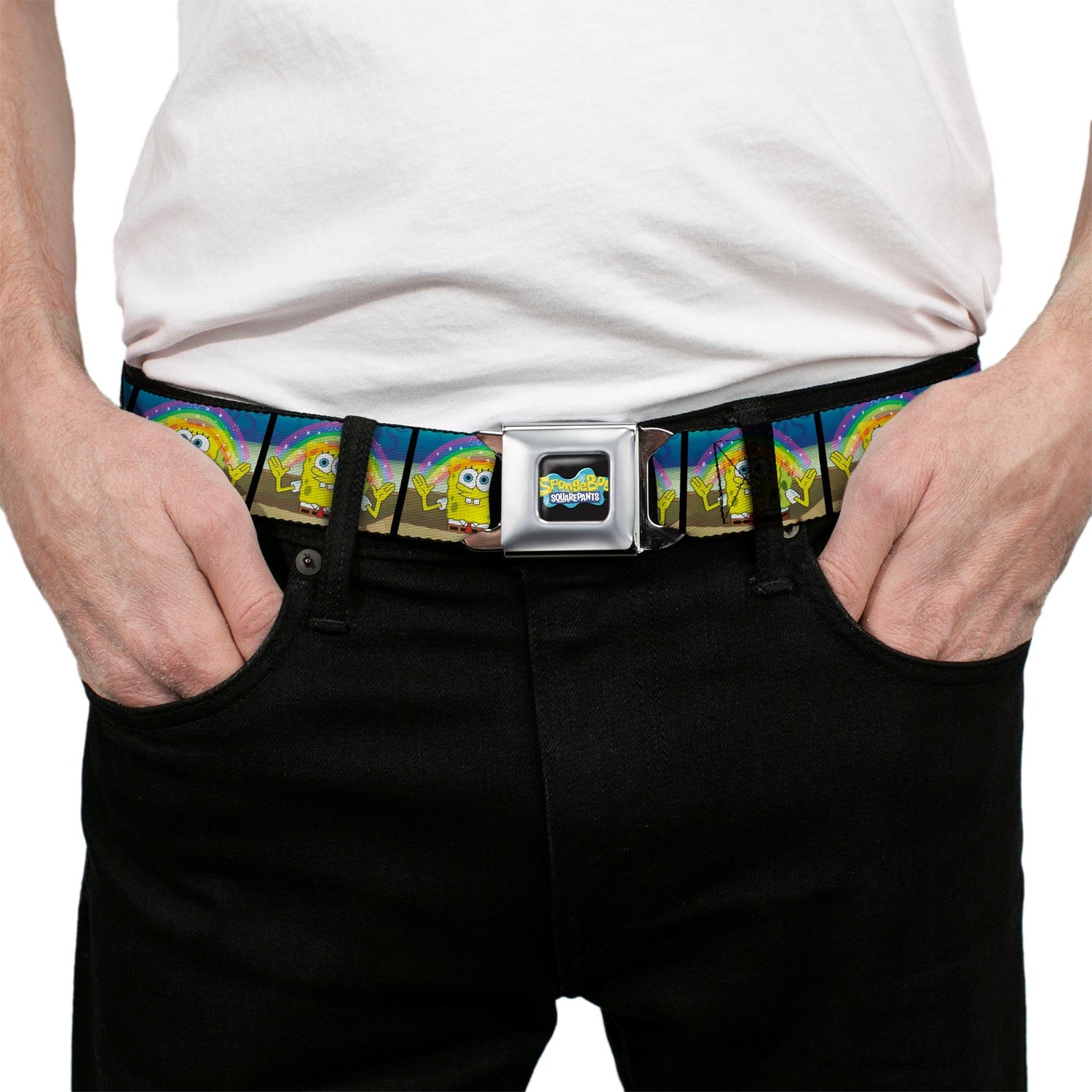 SpongeBob SquarePants Seatbelt Belt Logo Smiling Rainbow Blocks Black Blues - Paramount Shop
