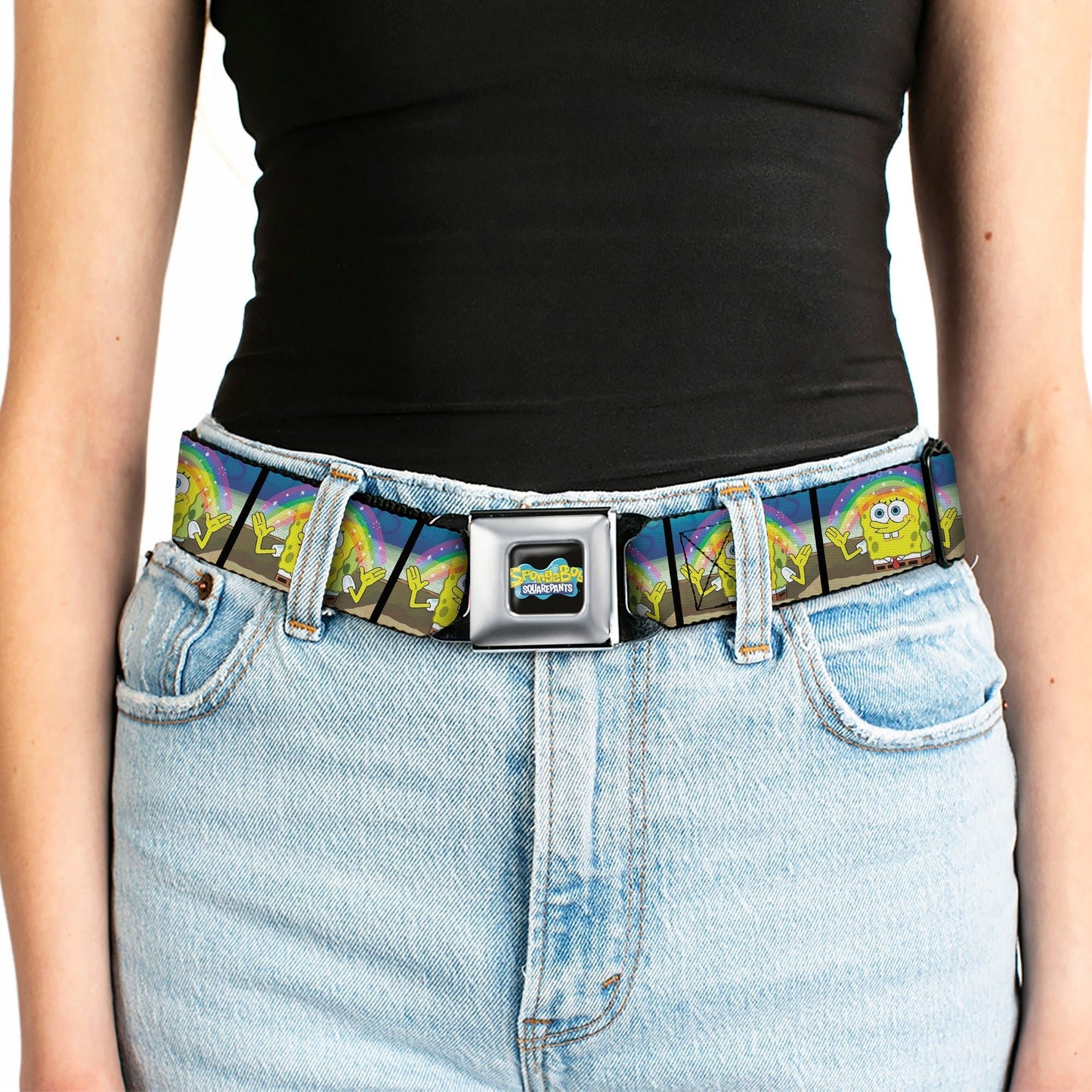 SpongeBob SquarePants Seatbelt Belt Logo Smiling Rainbow Blocks Black Blues - Paramount Shop