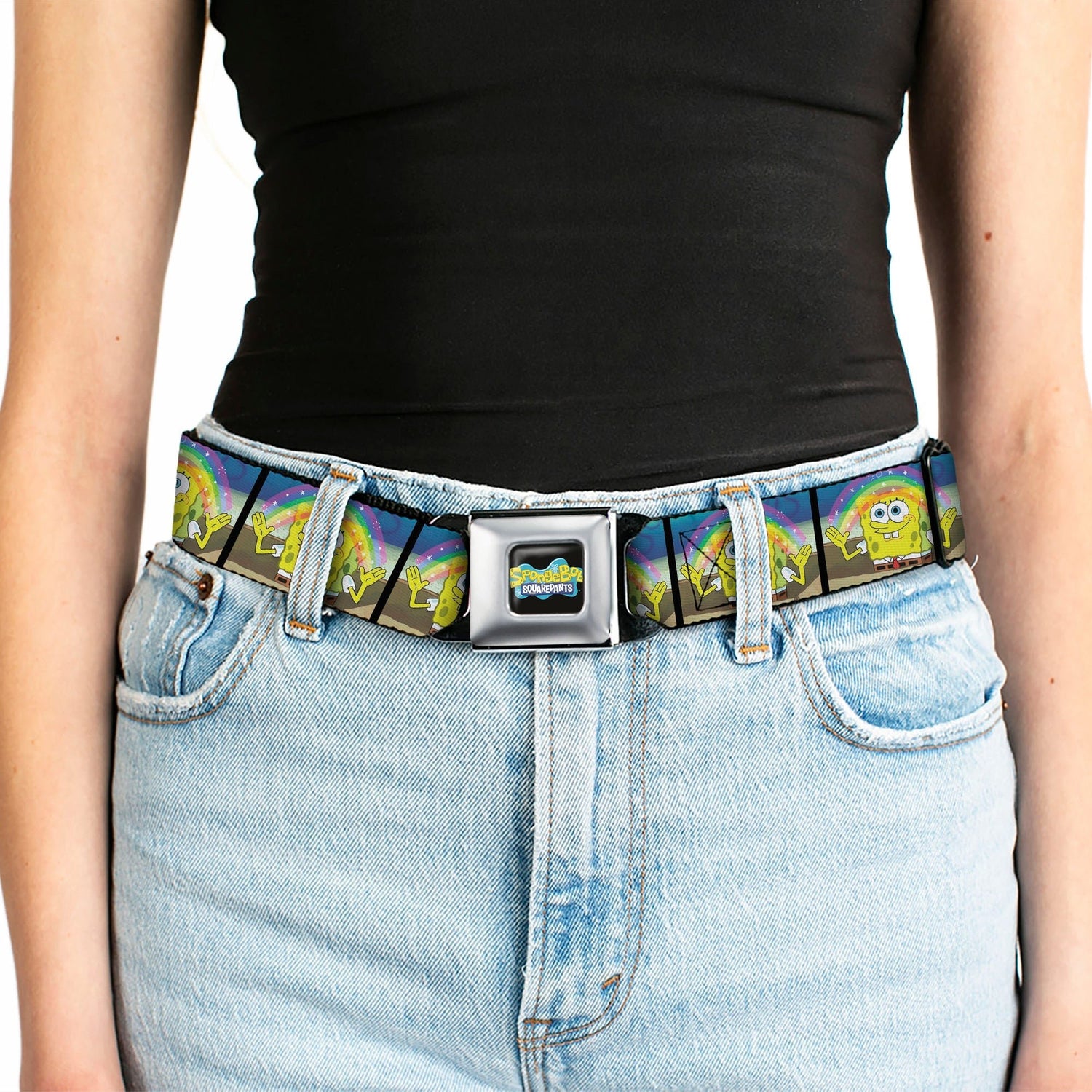 SpongeBob SquarePants Seatbelt Belt Logo Smiling Rainbow Blocks Black Blues - Paramount Shop