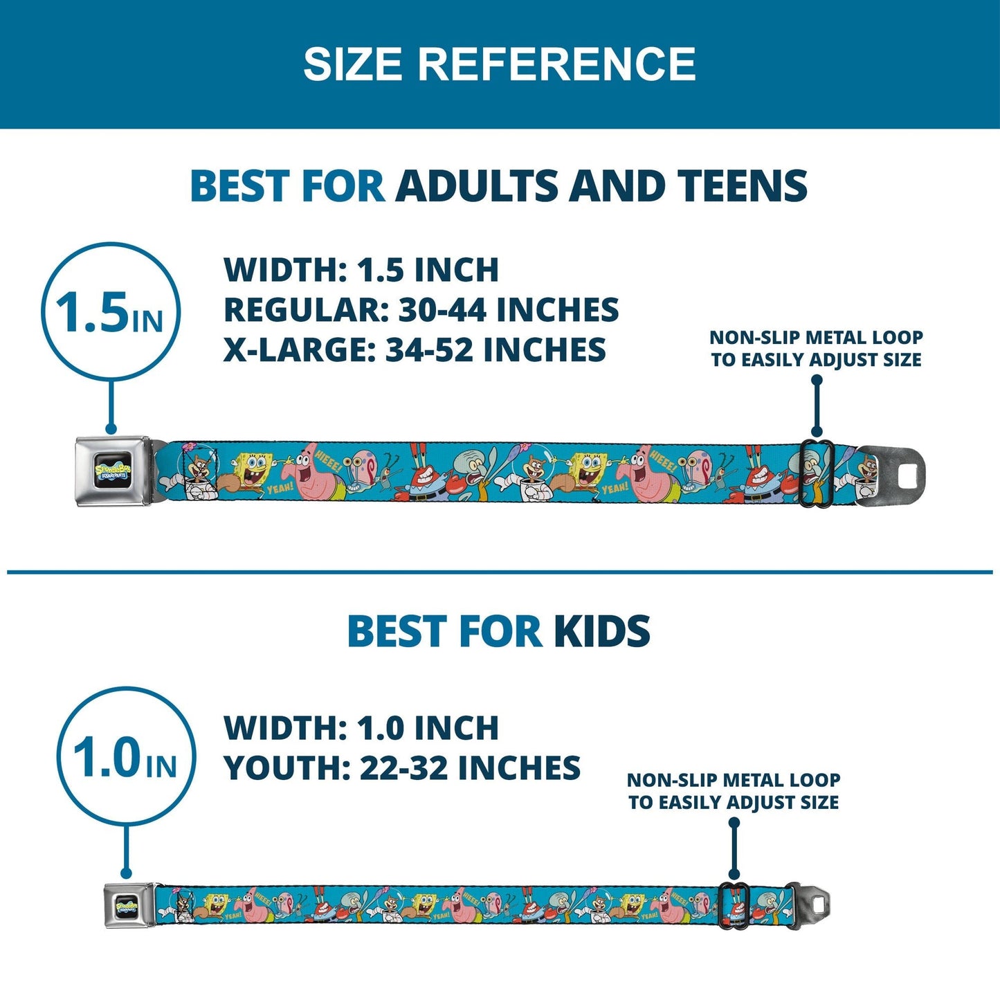 SpongeBob SquarePants Seatbelt Belt Logo SpongeBob and Friends Poses Blue Webbing - Paramount Shop