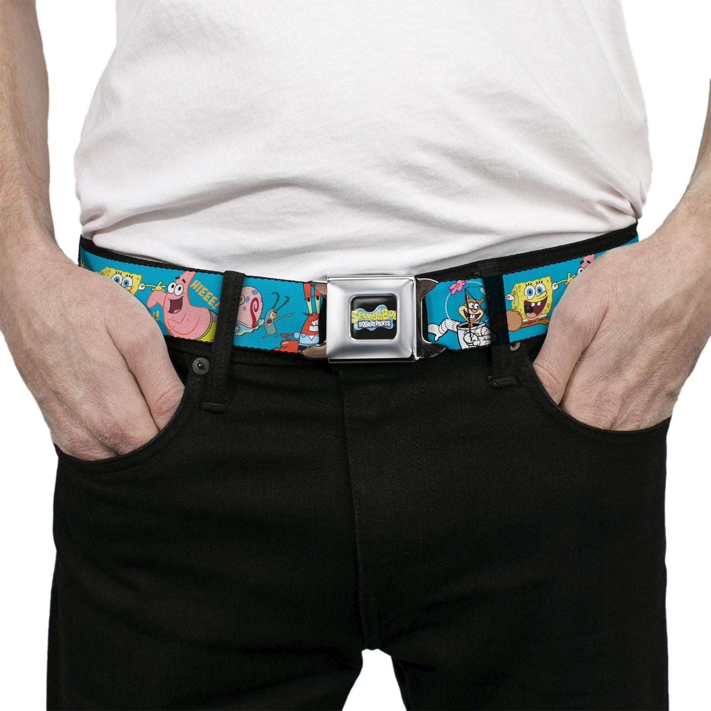 SpongeBob SquarePants Seatbelt Belt Logo SpongeBob and Friends Poses Blue Webbing - Paramount Shop