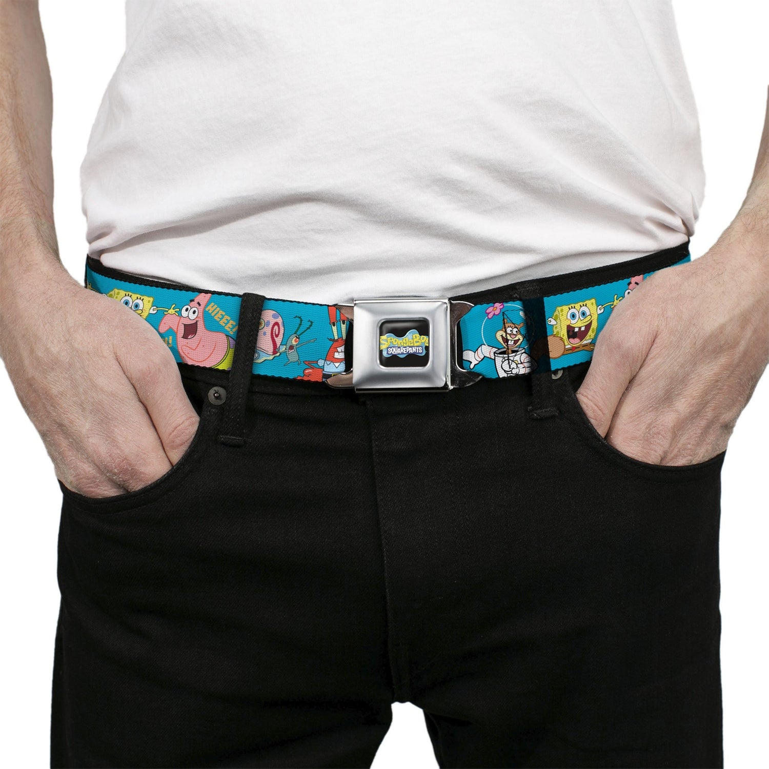 SpongeBob SquarePants Seatbelt Belt Logo SpongeBob and Friends Poses Blue Webbing - Paramount Shop