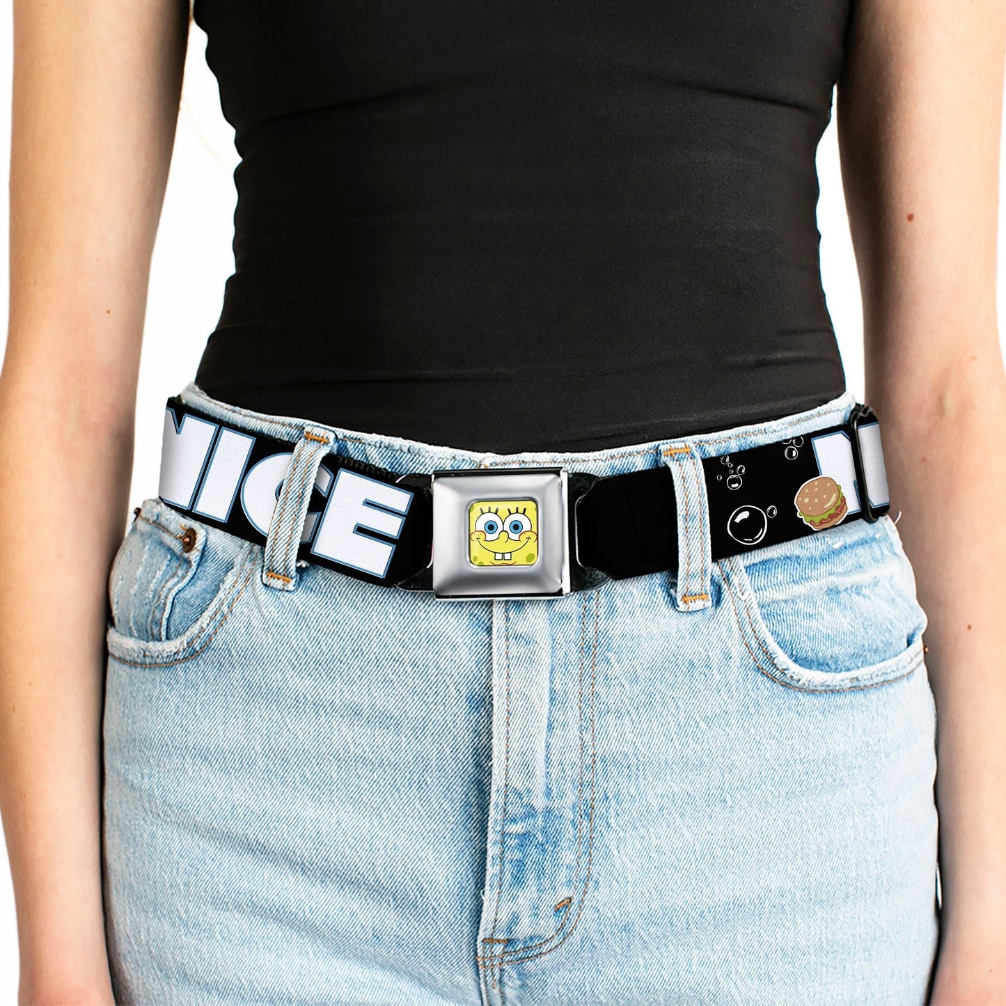 SpongeBob SquarePants Seatbelt Belt SpongeBob Face & Krabby Patty Full Color Buckle - Down - Paramount Shop