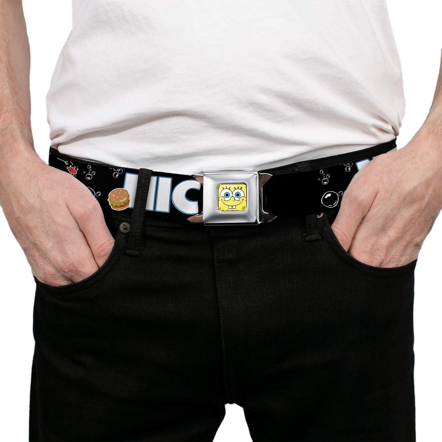 SpongeBob SquarePants Seatbelt Belt SpongeBob Face & Krabby Patty Full Color Buckle - Down - Paramount Shop
