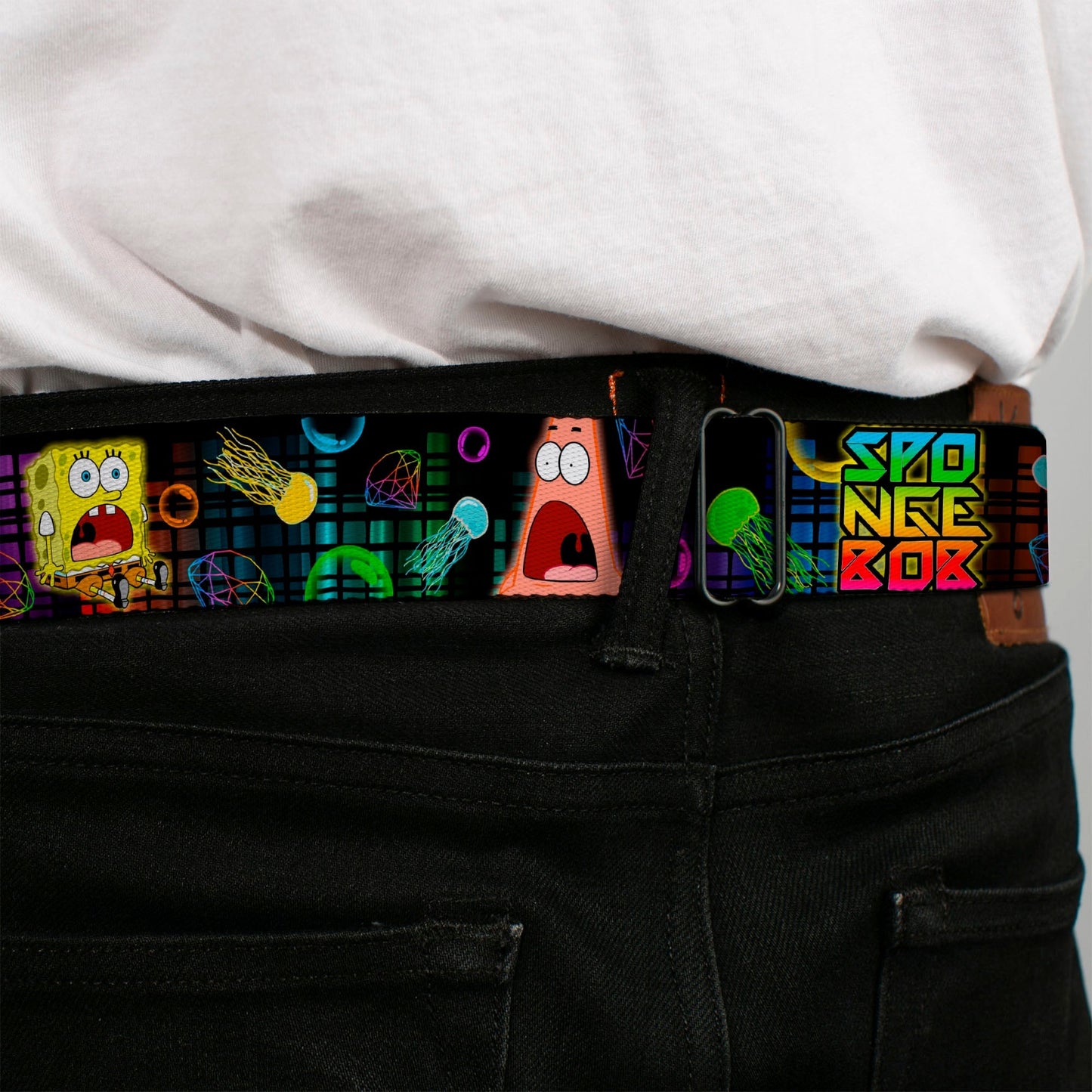 SpongeBob SquarePants Seatbelt Belt Surprised Face Close - Up Full Color Black Multi - Color - Paramount Shop