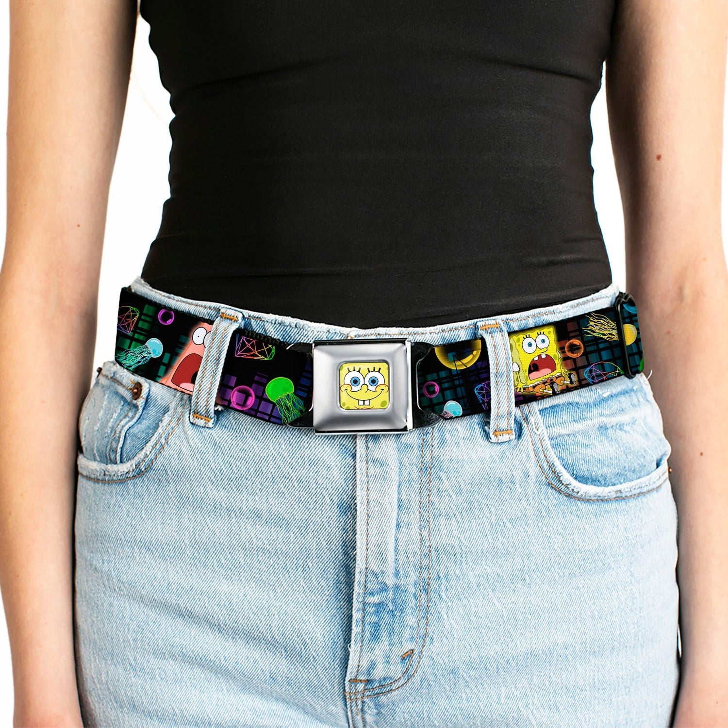 SpongeBob SquarePants Seatbelt Belt Surprised Face Close - Up Full Color Black Multi - Color - Paramount Shop