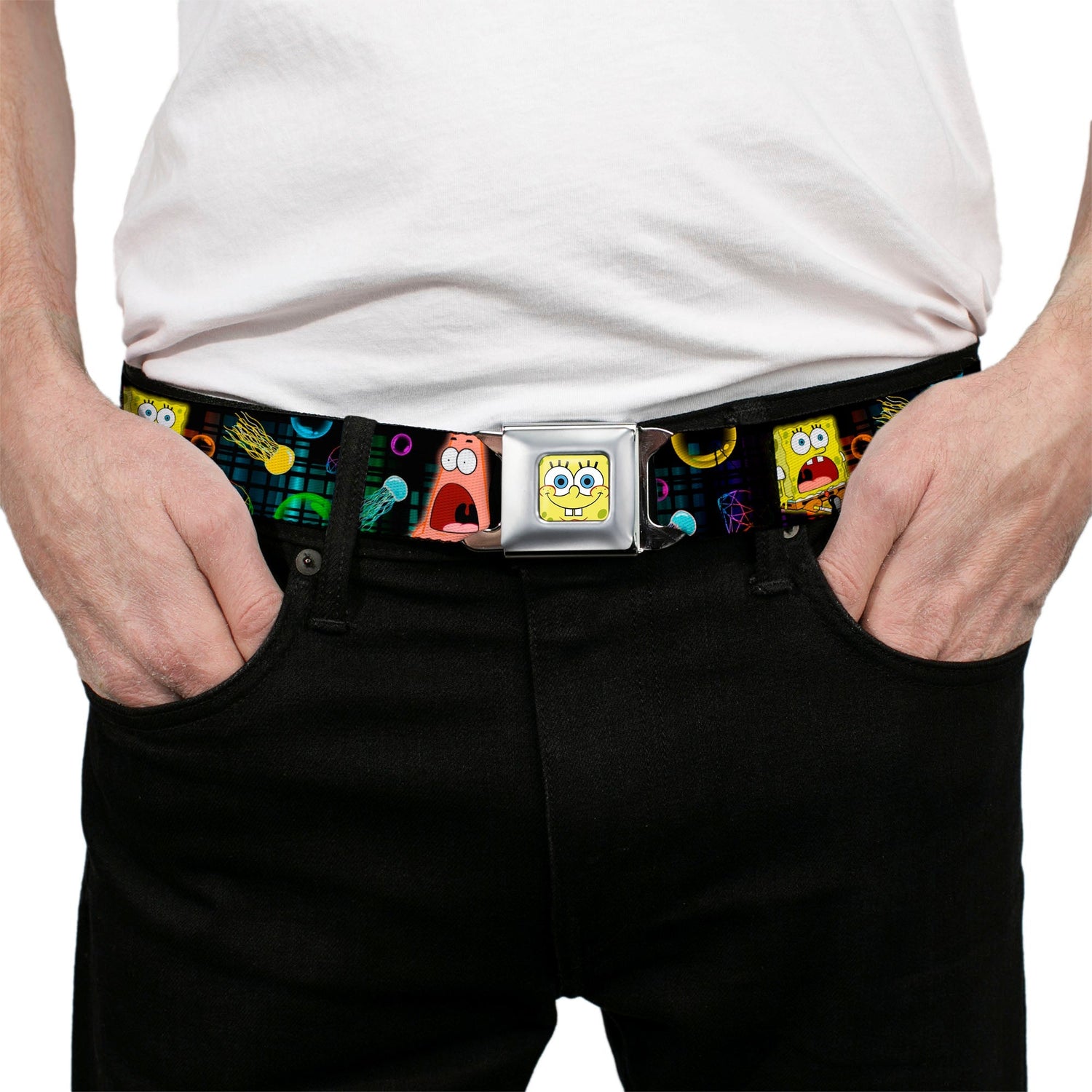 SpongeBob SquarePants Seatbelt Belt Surprised Face Close - Up Full Color Black Multi - Color - Paramount Shop