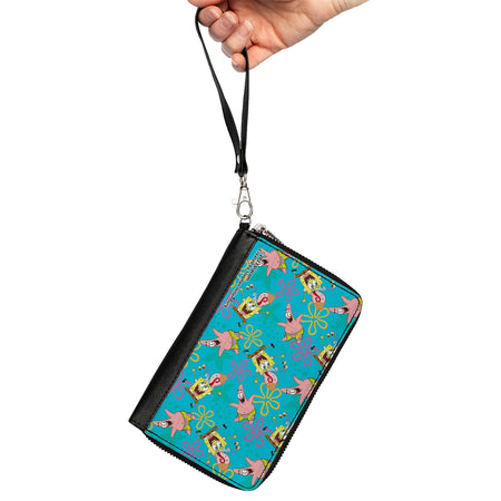 SpongeBob SquarePants Wallet Patrick and Gary Joy Poses and Flowers Blue Vegan Leather Zip Around - Paramount Shop