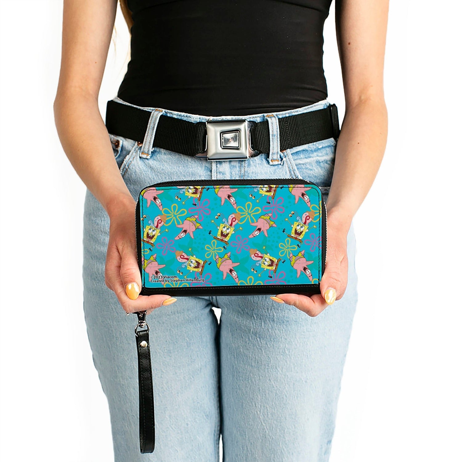 SpongeBob SquarePants Wallet Patrick and Gary Joy Poses and Flowers Blue Vegan Leather Zip Around - Paramount Shop