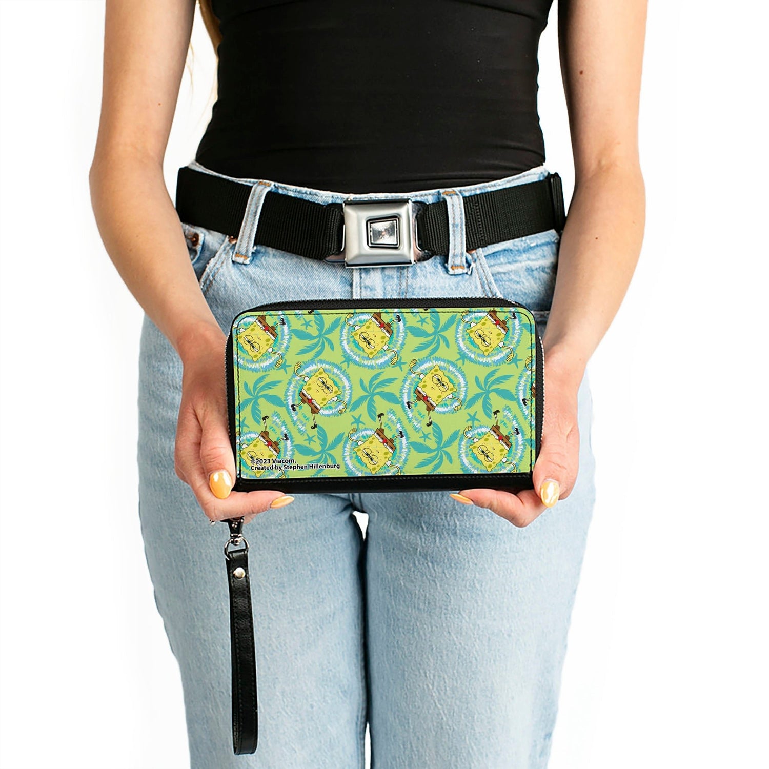 SpongeBob SquarePants Wallet Wavy Noodle Arm Pose Tropical Tie Dye Zip Around Green Blue White - Paramount Shop