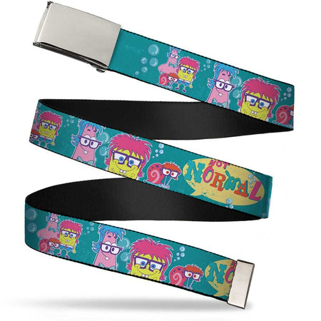 SpongeBob SquarePants Web Belt NOT NORMAL Design with Patrick, SpongeBob, and Gary Aqua Chrome Buckle - Paramount Shop