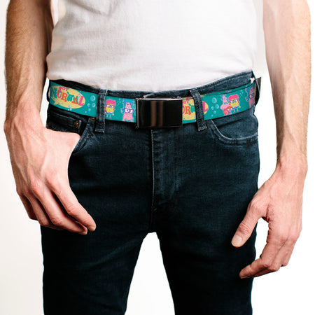 SpongeBob SquarePants Web Belt Patrick, SpongeBob & Gary NOT NORMAL Aqua Chrome Buckle Adjustable - Paramount Shop