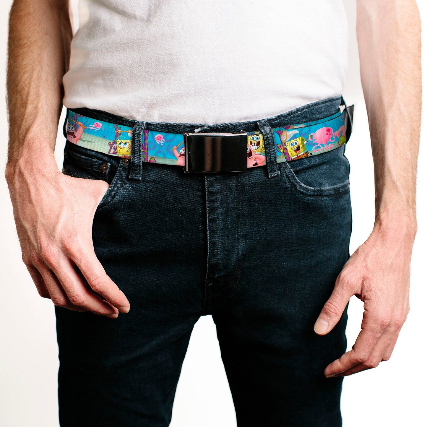 SpongeBob SquarePants Web Belt SpongeBob & Patrick Jellyfishing Chrome Buckle - Paramount Shop