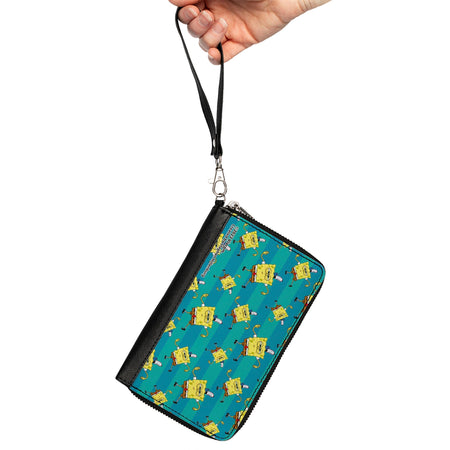 SpongeBob SquarePants Zip Around Wallet Dancing Pose Scattered Stripe Teal Blues - Paramount Shop