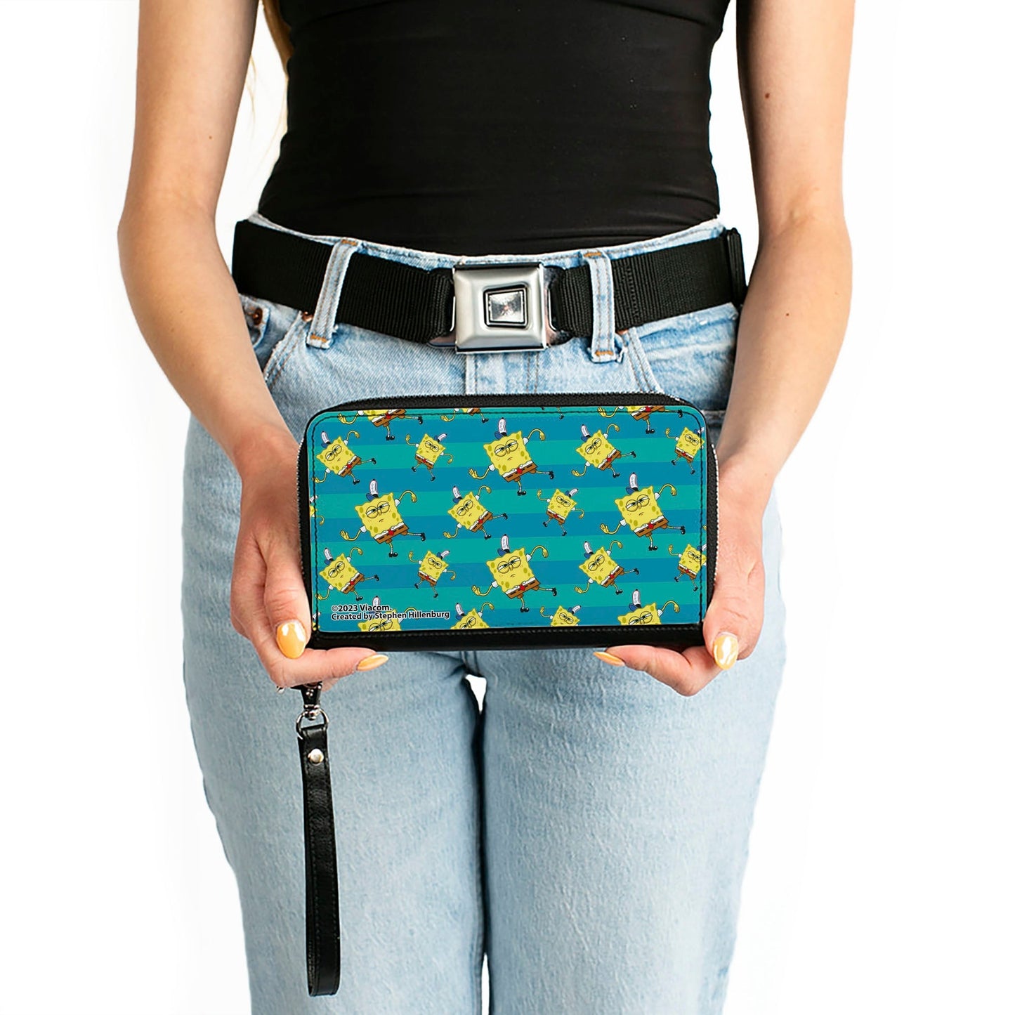 SpongeBob SquarePants Zip Around Wallet Dancing Pose Scattered Stripe Teal Blues - Paramount Shop