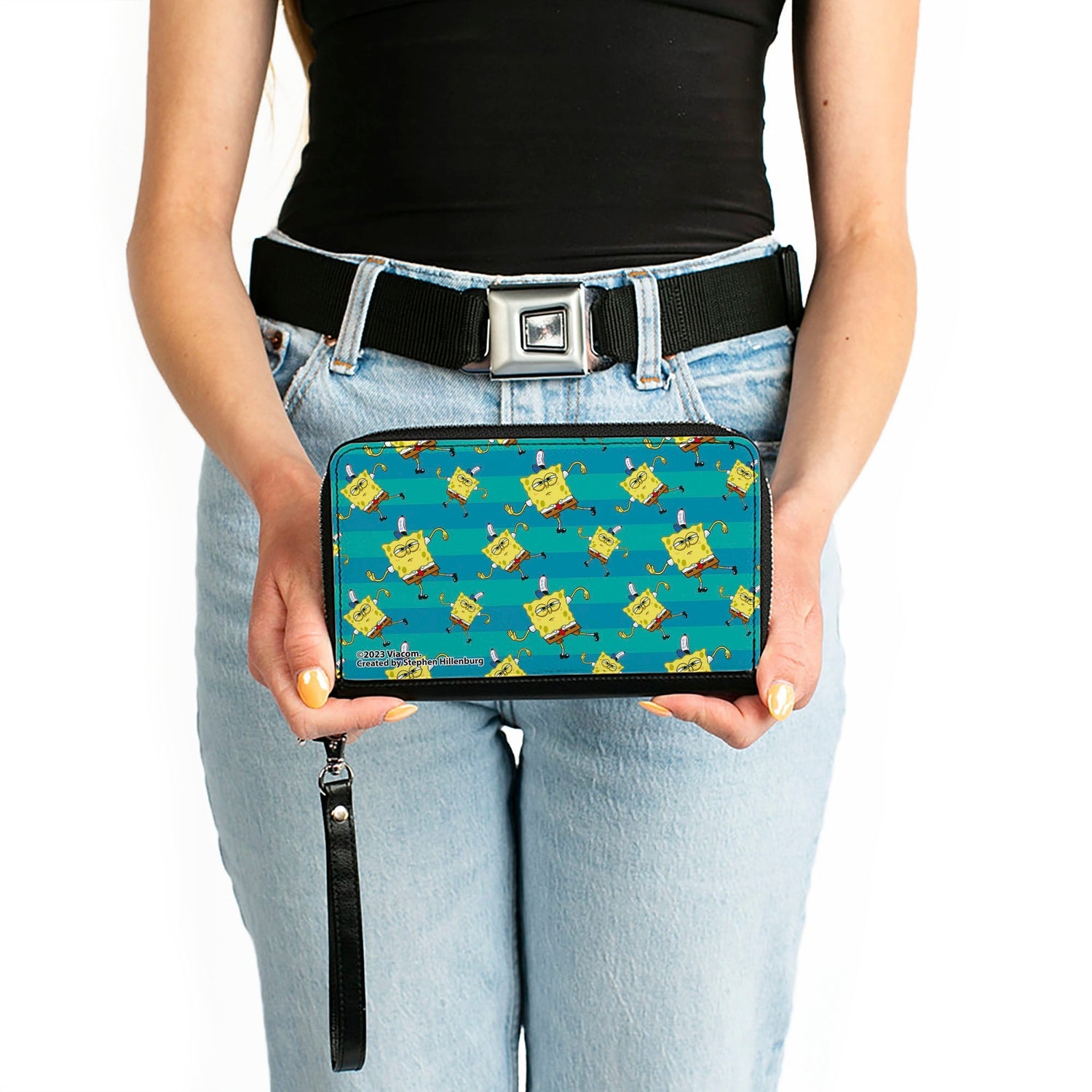 SpongeBob SquarePants Zip Around Wallet Dancing Pose Scattered Stripe Teal Blues - Paramount Shop