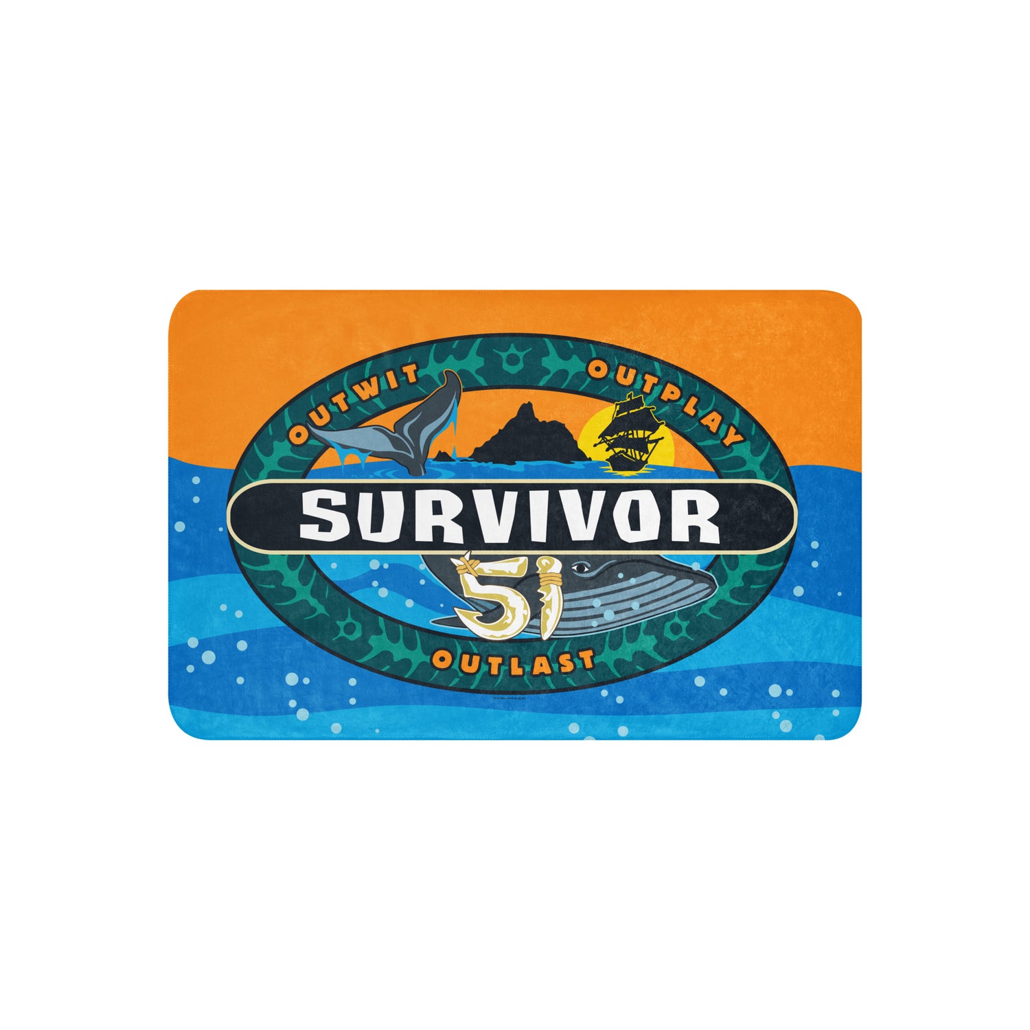 Front view of the Survivor Season 51 Logo Sherpa Blanket showing the official season logo printed on smooth polyester fabric.